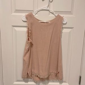 Umgee Linen Fringe Tank Top with Full Button Back in Peach - Medium